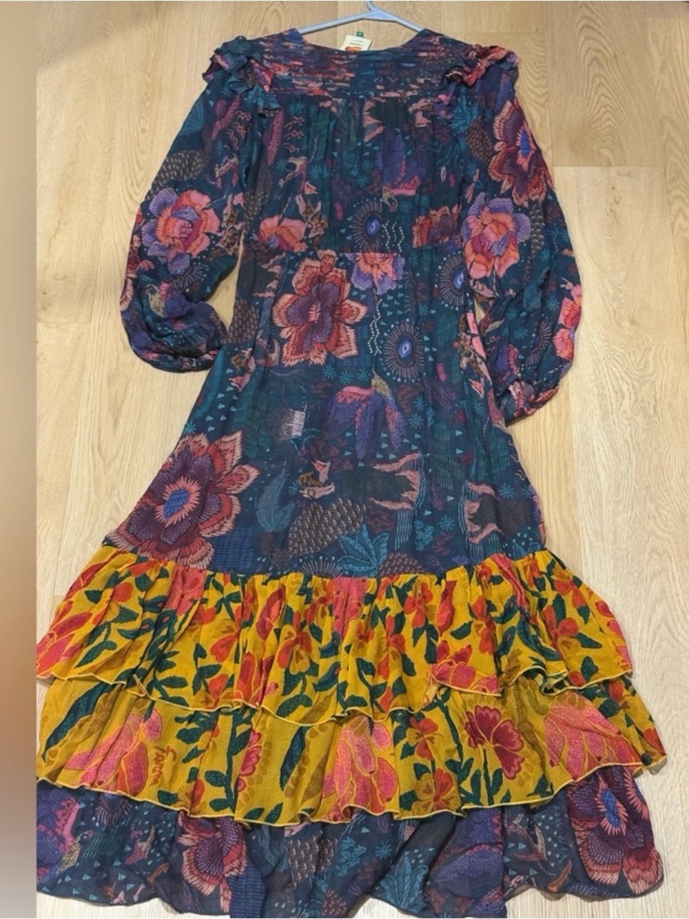 FARM Rio Teal Floral Long Sleeve Maxi Dress with Yellow Ruffle Hem - Picture 5 of 5
